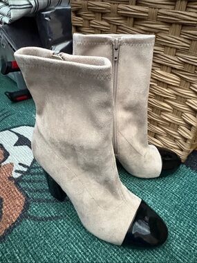 Guess Beige Suede Ankle Boots with Black Patent Toe